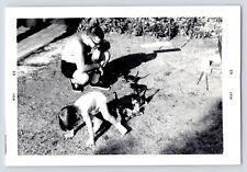 c1960s Kid & Dad Playing w/ Litter of Kittens~Vintage B&W Candid OOAK Photo picture