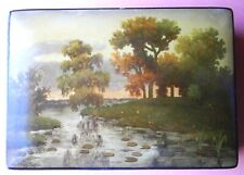 Vintage Artist Signed Hand Painted Russian Box depicting a stream and forest picture