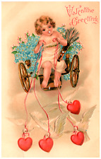 Postcard Embossed Valentine Cherub on Cart With Doves Pulling picture