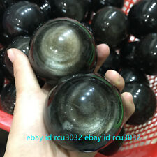 Natural Gold Eye Obsidian Quartz Crystal Sphere Ball Healing Stone 48-58mm Stand picture
