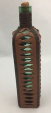 VINTAGE LEATHER WRAPPED  GREEN GLASS LION WINE BOTTLE DECANTER  ITALY picture