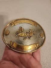 Tony Lama LARGE German Silver & Jewelers Bronze Rodeo Team Roping Belt Buckle  picture