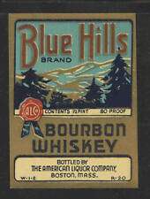BLUE HILLS BOURBON WHISKEY 1/2 Pint ANTIQUE BOTTLE LABEL - UNUSED picture
