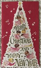 Unused Christmas Pink Angels Inside Tree Horn Vintage Greeting Card 1950s 1960s picture