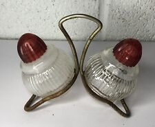Vintage MCM Retro Art Deco Salt & Pepper Shakers Glass With Holder Red Lids picture