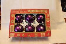 6 Vintage Old World Glass Christmas Ornaments in Box Purple with Sequins & Foil picture