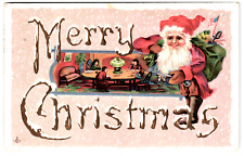 Postcard 1914 Embossed Christmas Card Santa Holding Key and Bag of Toys picture