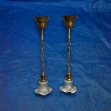 25” Long Pair Brass Pendant Lights Hubbell Sockets Rare Blue Shades 118F picture