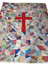 Vintage Handmade Cross Crucifix Reversible Quilt Top Gift Christianity Firemen picture