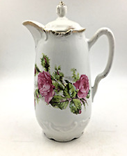 Vtg Unmarked Chocolate/Coffee Pot Pink Cabbage Roses Gold Gilt 10