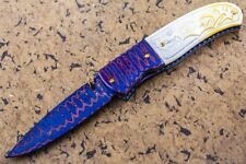 DC Custom Handmade Folding Knife Color Damascus Yellow Pearl 24K Screw Garnet picture