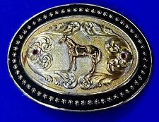 Montana Silversmiths Large Standing Horse Belt Buckle Ruby's & Black Boarder picture