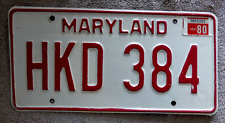 Vintage Maryland License Plate HKD 384 MD USA Red White man cave car sign picture
