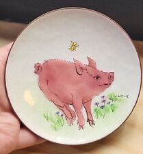 Vtg M Ratcliff Enameled Copper Trinket Dish MCM Pig With Butterfly Spring Meadow picture
