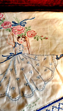 EMBROIDERED 16 X 39 PRETTY SCARF DRESSER OR TABLE RUNNER GIRL SWINGING & ROSES picture