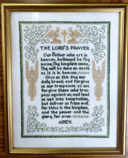 VTG Cross Stitched Tapestry The Lord's Prayer 12x10 Wall Mount Plaque Wood/Glass picture