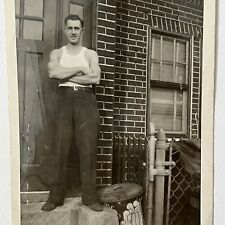 Vintage B&W Snapshot Photograph Handsome Strapping Man in Under Shirt Uncle Tony picture
