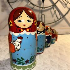 Russian Nesting Doll Lady with Chicken & Family Hand Painted 5 Pcs picture