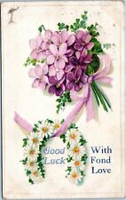 postcard Good Luck with Fond Love violets daisy horseshoe 1911 Cherry Valley IL picture