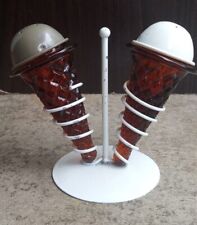 Vintage Salt & Pepper Shakers Amber Glass Ice Cream Cones With Metal Top + Stand picture
