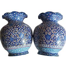 Vintage Persian Miniature Vase Set Of 2 Blue Enameled Metal Floral Signed 3.25