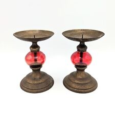 Urban Outfitters Bohemian Red Glass Orb and Bronze Pillar Candle Holders PAIR picture