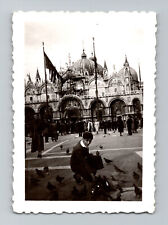 Vintage 1940s 50s Young Man Feeding Pigeons in front of Saint Mark's Basilica picture