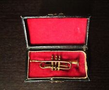 Vintage Miniature Brass Trumpet Figurine in Red Velvet Lined Case 2-3/4” picture