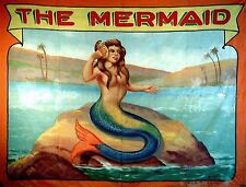 VINTAGE MERMAID CIRCUS CARNIVAL SIDESHOW CONCH SHELL *CANVAS* FANTASY ART PRINT picture