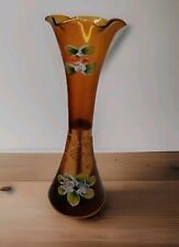Vintage Hand-Painted Amber Bohemian Czech Art Glass Enamel Gilt Ruffled Bud Vase picture