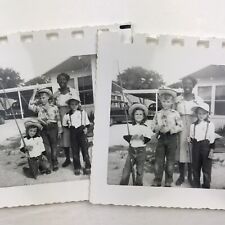 Vintage Black and White Photo Lot of 2 Children Fishing Poles Hats Woman House picture