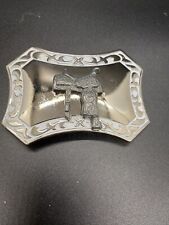 Vintage mirrored horse cowboys saddle BELT buckle Western picture