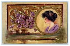 1911 Beautiful Victorian Girl Purple Flowers Art Nouveau Luana Iowa IA Postcard picture