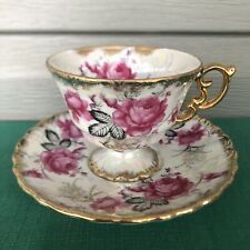 Vintage ROYAL SEALY China Lusterware Tea Footed Cup/Saucer Japan Blk Leaf & Rose picture