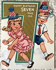 Unused Birthday Boy Girl Party Blindfold Seven Vtg Greeting Card 1940s 1950s picture