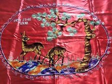 BEAUTIFUL Vintage 1930's Embroidered Japan Satin Table Cover with Deer picture