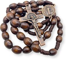 St Benedict Wood Rosary Cord Beaded Chaplet Wood Beads Saint Medal & Cross  picture