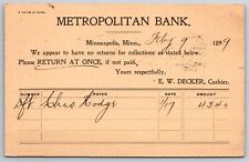 Minneapolis MN~Metropolitan Bank Collections~Chas Hodge~EW Decker~1899 Postal picture