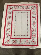 Vintage Tablecloth Folk Americana Country 48”x56” Hearts Red & White New England picture