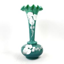 Antique Green Blue Opaline Victorian Opaque Bristol Glass Ruffled Bud Vase 7” picture
