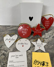 Heart Star Blessed Faith Ceramic Red White Peace Love World Ornaments Set of 6 picture