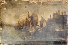 Antique Oil Painting Shipping Boats 75cm x 50 Signed Needs Some Tlc picture