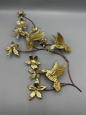 Vintage Mid Century  Brass Hummingbird And Flower spray wall Accent picture