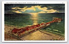 c1930s~Atlantic City New Jersey NJ~Steel Pier~Night~Moonlight~Texaco~GM~Postcard picture