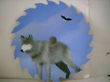 Gray Wolf hand painted on round saw blade timber wolf animal art picture