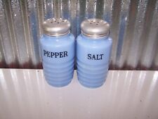 Vintage Jeannette Delphite Blue Salt Pepper Shakers Tall Range Set Black Letters picture