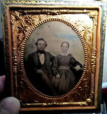 Vintage 1860s Hand Painted Tin Type Photo of Victorian Couple Man Woman in Case picture