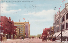 Postcard Main Street Looking South Salt Lake City Carriages Horses Flag 1911 UT picture