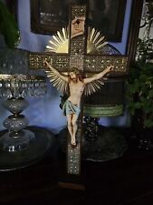 Large Antique Jesus Christ Starburst Rhinestone Crucifix Altar Tabletop picture