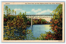 c1940s Eau Claire River and New Highway Bridge, Eau Claire Wisconsin WI Postcard picture
